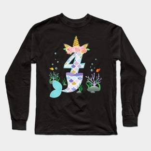 Kids 4 Year Old Unicorn Mermaid Birthday Theme Tail Girl 4Th Long Sleeve T-Shirt